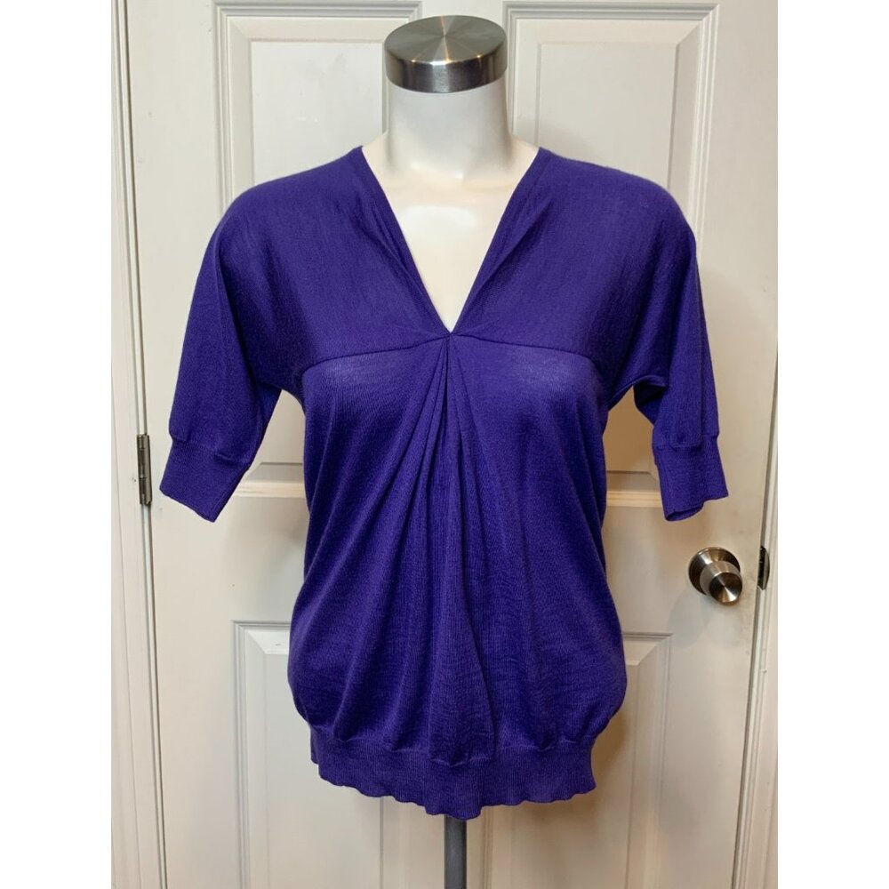 ETRO Purple Cashmere Silk Blend V-Neck Short Sleeve Sweater, Size 10 | 44